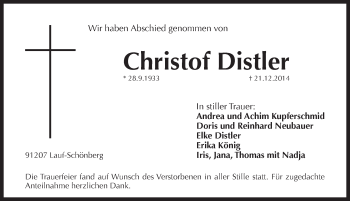 Traueranzeige von Christof Distler von Pegnitz-Zeitung